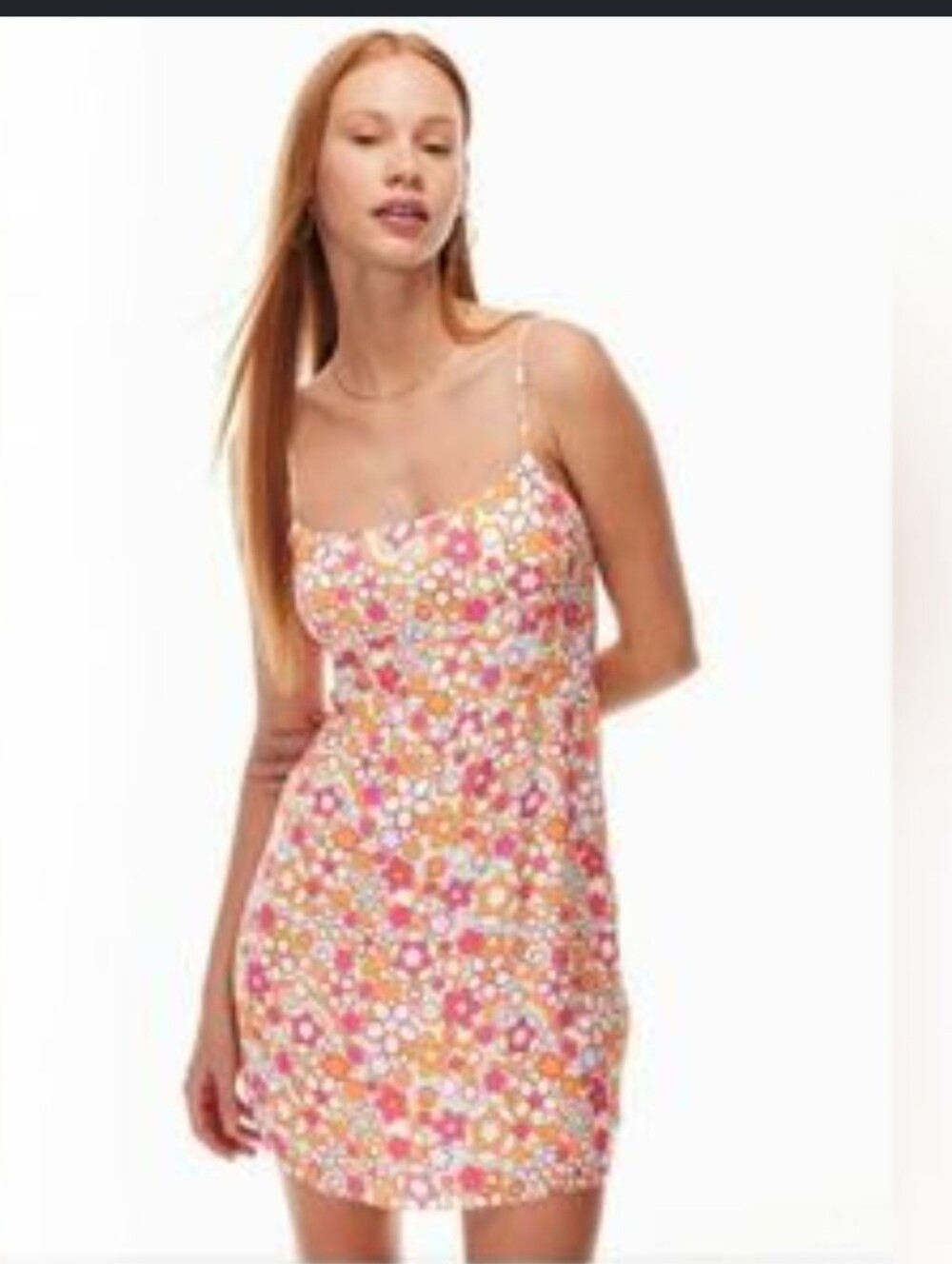 Sun Deh Floral Spaghetti-Strap Mini Dress in Pink and Orange S